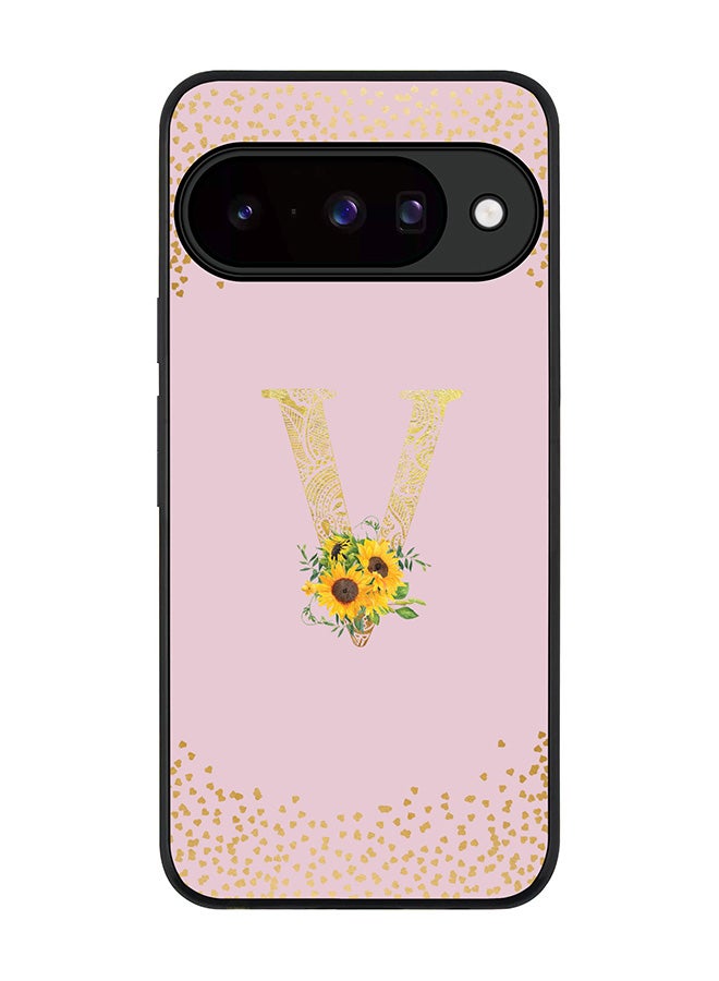 For Google Pixel 10 Case,Slim fit Camera Protection, Shockproof Thin Phone cover  - Custom Floral Monogram - V  (Pink )
